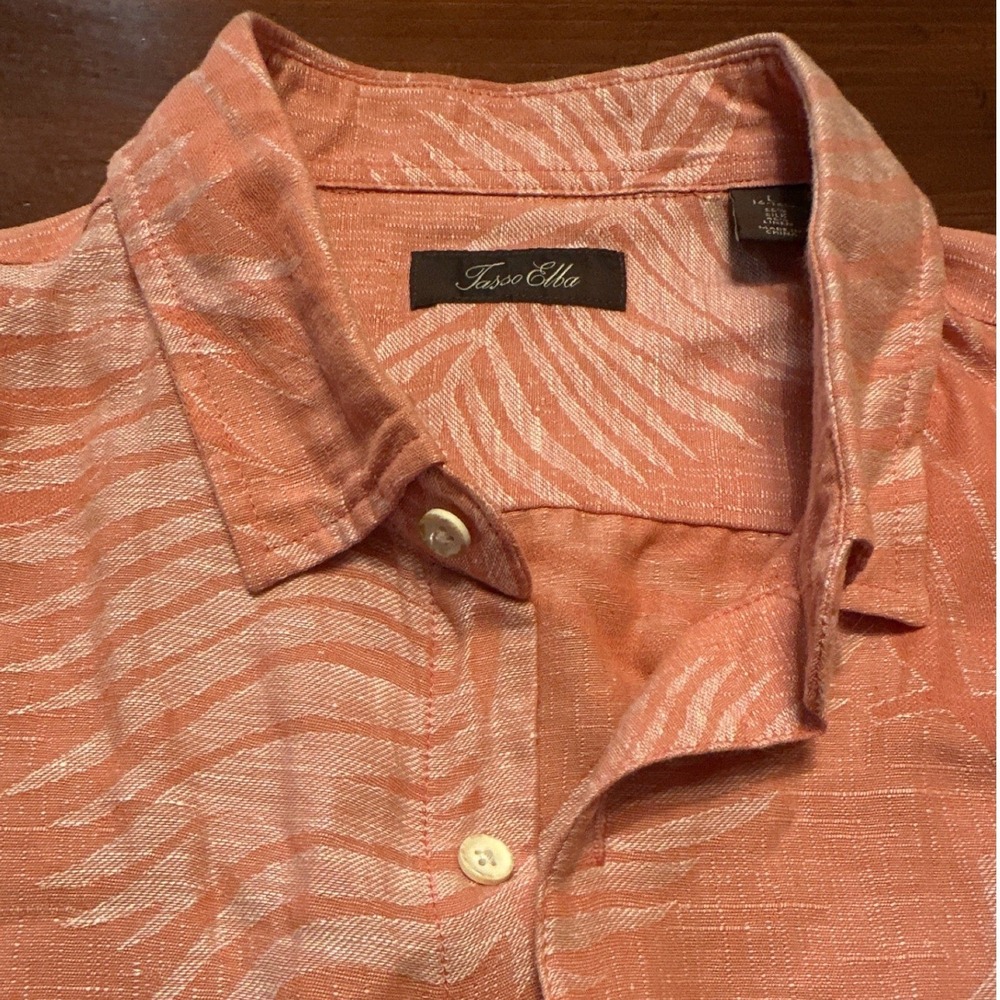 Tasso Elba Button Down Mens L Coral Excellent Silk Linen Palm Tropical Shirt